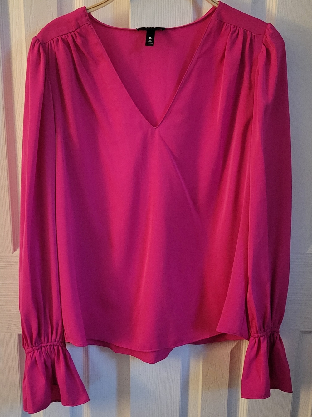 AQUA Hot Pink Silky V-neck Blouse Long Balloon Sleeve Ruffle Cuff, Large